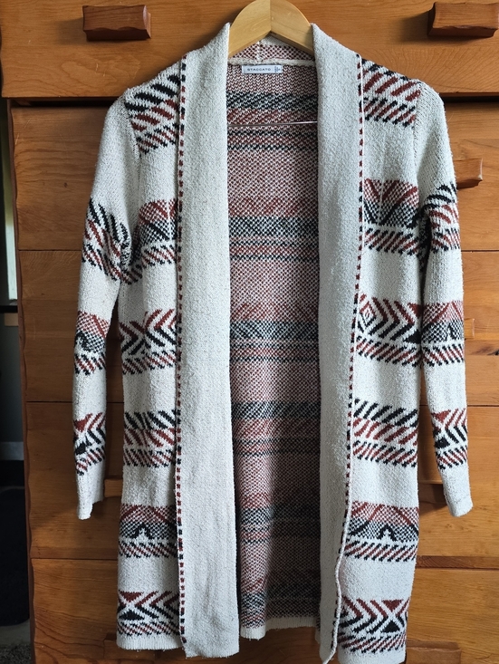 Staccato Sweaters - Staccato Cream Rust Geometric Longline Open Cardigan Size Small